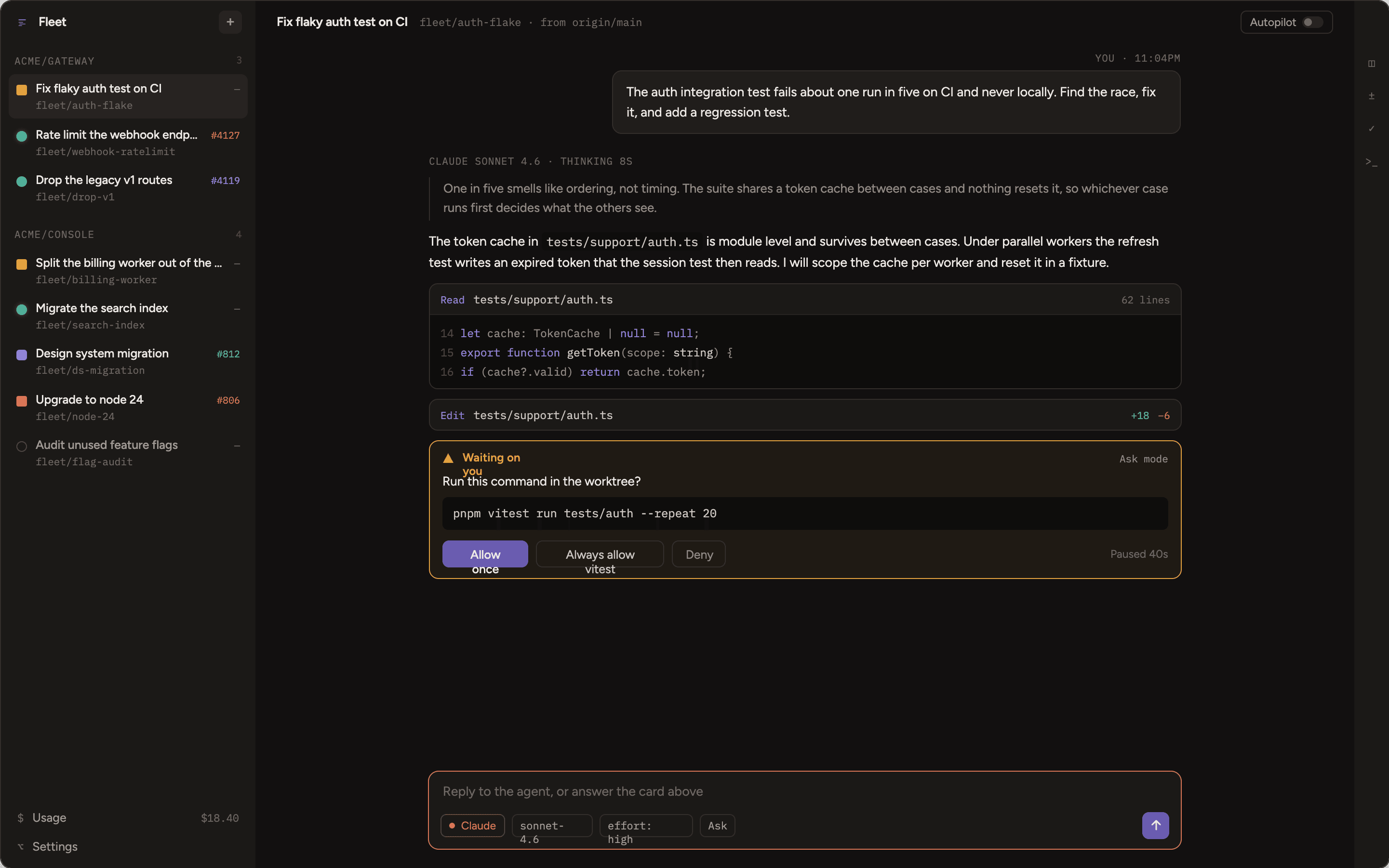 A Fleet session: sessions grouped by repository in the sidebar, an agent transcript with folded tool calls, and a permission card awaiting an answer.